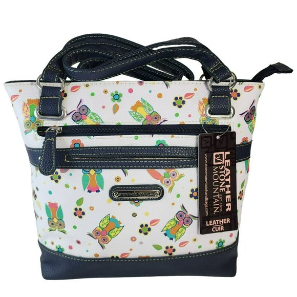 Stone Mountain Bonded Leather Printed Owls Megan Tote Shoulder Handbag 8 Pockets - Picture 14 of 16